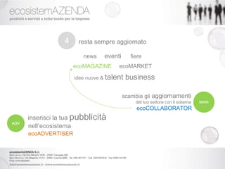 4    resta sempre aggiornato

                         news    eventi      fiere
                      ecoMAGAZINE      ecoMARKET

                      idee nuove & talent   business

                                          scambia gli aggiornamenti
                                               del tuo settore con il sistema   NEWS

                                               ecoCOLLABORATOR
      inserisci la tua pubblicità
ADV
      nell’ecosistema
      ecoADVERTISER
 
