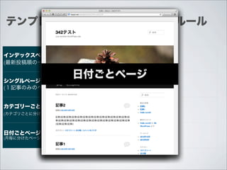 テンプレートファイルが適用されるルール


インデックスページ
(最新投稿順の一覧ページ)


シングルページ
                カテゴリーごとページ
                インデックスページ
                 シングルページ
                  日付ごとページ
(１記事のみのページ)


カテゴリーごとページ
(カテゴリごとに分けたページ一覧)



日付ごとページ
(月毎に分けたページ一覧)
 
