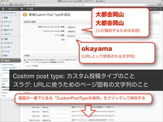 大都会岡山
                        大都会岡山
                        (人が識別するための名前)



                    okayama
                    (URLとして使用される文字列)




Costom post type: カスタム投稿タイプのこと
スラグ: URLに使うためのページ固有の文字列のこと

 画面の一番下にある「CustomPostTypeを保存」をクリックして保存する
 