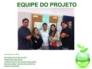 EQUIPE DO PROJETO




da esquerda para a direita:

RICARDO FEITOSA ALVES
MARIA BEATRIZ REIS
JORGE FELIPE SALGADO NOGUEIRA
ANA RICARDA TOCHE DOS SANTOS
RENATO MAZZINI
 