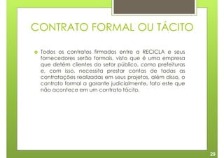 CONTRATO FORMAL OU TÁCITO

 Todos os contratos firmados entre a RECICLA e seus
 fornecedores serão formais, visto que é uma empresa
 que detém clientes do setor público, como prefeituras
 e, com isso, necessita prestar contas de todas as
 contratações realizadas em seus projetos, além disso, o
 contrato formal a garante judicialmente, fato este que
 não acontece em um contrato tácito.




                                                           29
 