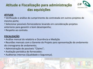 Atitude e Fiscalização para administração
               das aquisições
ATITUDE
• Verificação e análise do cumprimento da contratada em outros projetos de
mesmo porte;
• Selecionar possíveis fornecedores levando em consideração projetos
anteriores para garantir o bom desempenho;
• Respeito ao contrato.

FISCALIZAÇÃO
• Análise mensal do relatório e Ocorrência e Medição
• Reuniões mensais com o Gerente do Projeto para apresentação do andamento
do cronograma de andamento;
• Administração de possíveis “Claims”;
• Avaliação periódica do fornecedor;
• Auditorias internas (Qualidade e Segurança).
 