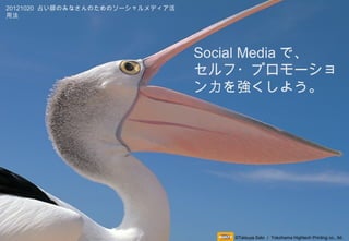 20121020 占い師のみなさんのためのソーシャルメディア活
用法




                                  Social Media で、
                                  セルフ・プロモーショ
                                  ン力を強くしよう。




                                      ©Tatsuya Sato ／ Yokohama Hightech Printing co., ltd.
 