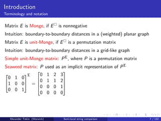 Introduction
Terminology and notation


Matrix E is Monge, if E               is nonnegative
Intuition: boundary-to-boundary distances in a (weighted) planar graph
Matrix E is unit-Monge, if E                is a permutation matrix
Intuition: boundary-to-boundary distances in a grid-like graph
Simple unit-Monge matrix: P Σ , where P is a permutation matrix
Seaweed matrix: P               used as an implicit representation of P Σ
                                        
       Σ      0                1 2 3
 0 1 0        0
1 0 0 =                       1 1 2  
              0                 0 0 1
 0 0 1
                0                0 0 0




   Alexander Tiskin (Warwick)            Semi-local string comparison       7 / 132
 