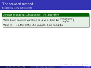 The seaweed method
Longest repeating subsequence


Longest repeating subsequence: the algorithm
                                                               m2 (log log m)2
Micro-block seaweed combing on a vs a, time O                      log2 m
Make m − 1 suﬃx-preﬁx LCS queries, time negligible




   Alexander Tiskin (Warwick)   Semi-local string comparison                     60 / 132
 