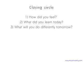 Closing circle
1) How did you feel?
2) What did you learn today?
3) What will you do differently tomorrow?
www.mozaicworks.com
 