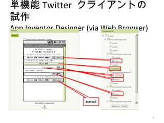 単機能 Twitter クライアントの
試作
App Inventor Designer (via Web Browser)




                     Button4



                                          17
 