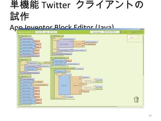 単機能 Twitter クライアントの
試作
App Inventor Block Editor (Java)




                                   18
 