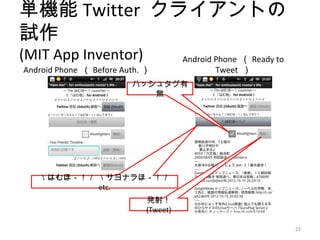 単機能 Twitter クライアントの
試作
(MIT App Inventor)                     Android Phone （ Ready to
Android Phone （ Before Auth. ）                 Tweet ）
                         ハッシュタグ有
                            無




   ＼はむほ－！／ ＼サヨナラほ－！／
           etc.
                             発射！
                             (Tweet)

                                                                  22
 