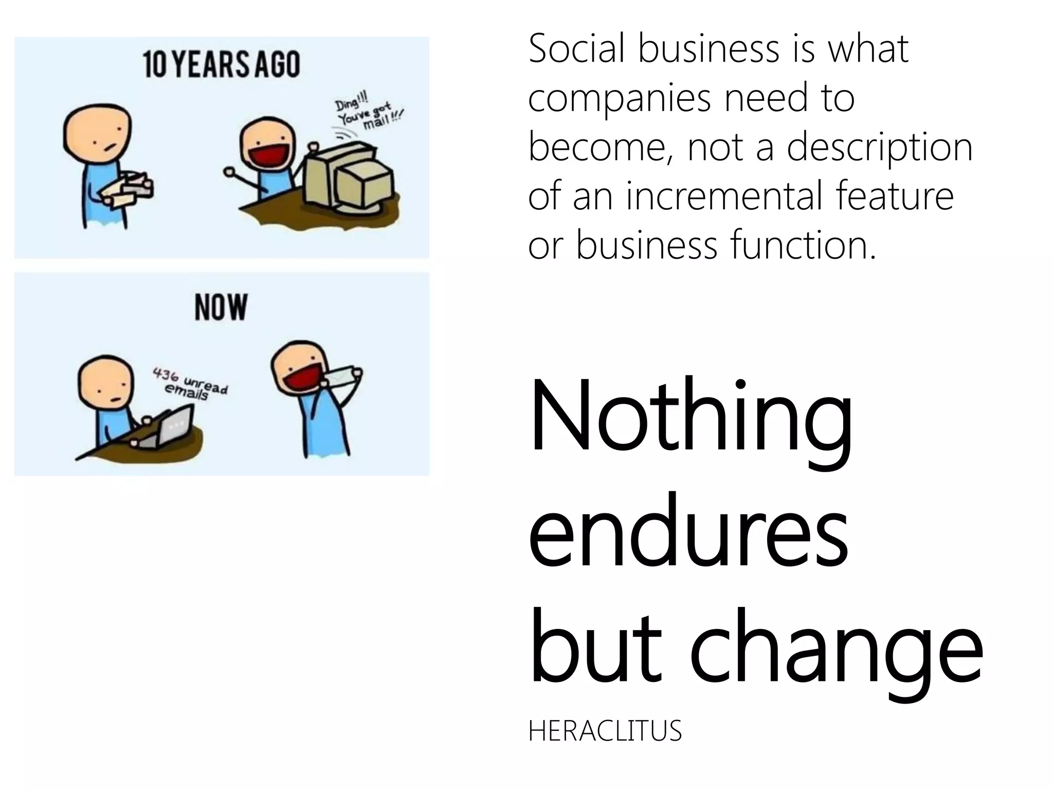 Social business is what
companies need to
become, not a description
of an incremental feature
or business function.



Nothing
endures
but change
HERACLITUS
 