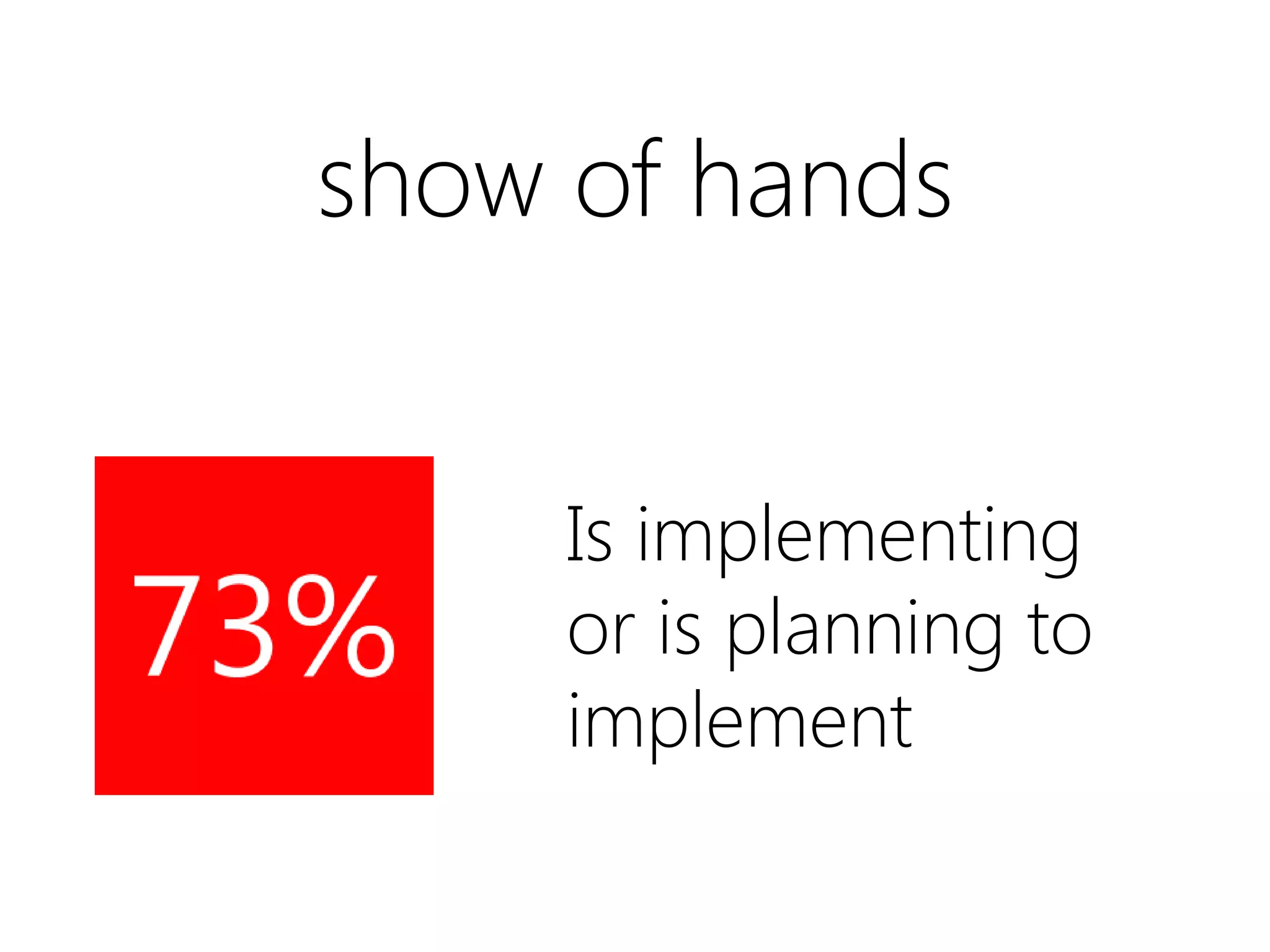 show of hands


     Is implementing
     or is planning to
     implement
 