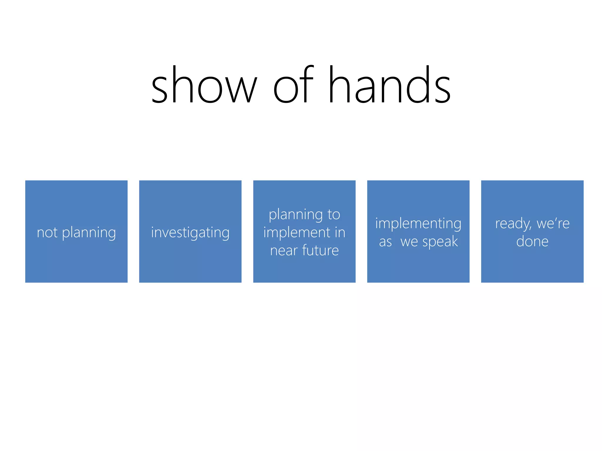 show of hands

                                planning to
                                              implementing   ready, we’re
not planning   investigating   implement in
                                               as we speak      done
                                near future
 
