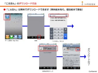 「こえほん」のダウンロード方法

●「こえほん」は無料でダウンロードできます（無料絵本有り。個別絵本で課金）




ホーム画面＞App Stoe   検索         「こえほん」を入力



                                        ダ
                                        ウ
                                        ン
                                        ロ
                                        ー
                                        ド
                                        完
                                        了


                      検索結果をタッチ          Confidential
 
