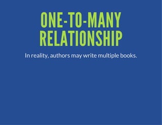ONE-TO-MANY
     RELATIONSHIP
In reality, authors may write multiple books.
 
