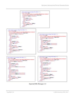 RATIONAL	INTEGRATION	TESTER	TRAINING	GUIDE	
                                                                                                                                                                                                                      	




                                                                                                                                                                                                                 	
                                                                              Expected	XML	Messages	1‐5	
	

	

    Page	98	of	133																																																																																																																																																																				©	IBM	Corporation	2001,	2012	
 