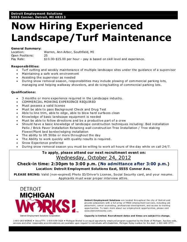 2012 10 24 experienced landscape turf maintenance industry workers 55 michigan works warren and conner