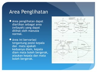 Area Penglihatan
Area penglihatan dapat
diartikan sebagai area
(wilayah) yang dapat
dilihat oleh manusia
normal.
Area ini bervariasi
tergantung posisi kepala
dan mata apakah
keduanya diam, kepala
diam mata boleh bergerak,
ataukan kepala dan mata
boleh bergerak.
 