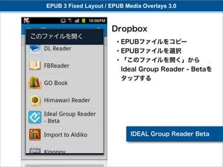 EPUB 3 Fixed Layout / EPUB Media Overlays 3.0



                      Dropbox
                       ・EPUBファイルをコピー
                       ・EPUBファイルを選択
                       ・「このファイルを開く」から
                        Ideal Group Reader - Betaを
                        タップする




                             IDEAL Group Reader Beta
 