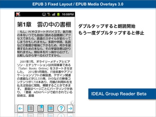 EPUB 3 Fixed Layout / EPUB Media Overlays 3.0




                      ダブルタップすると朗読開始
                      もう一度ダブルタップすると停止




                             IDEAL Group Reader Beta
 