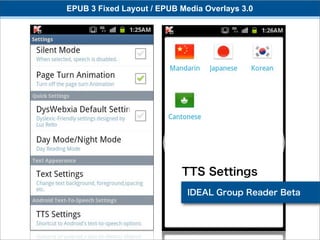 EPUB 3 Fixed Layout / EPUB Media Overlays 3.0




                           TTS Settings
                             IDEAL Group Reader Beta
 