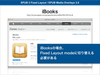 EPUB 3 Fixed Layout / EPUB Media Overlays 3.0


                     iBooks
    http://itunes.apple.com/jp/app/ibooks/id364709193?mt=8




                   iBooksの場合、
                   Fixed Layout modeに切り替える
                   必要がある
 