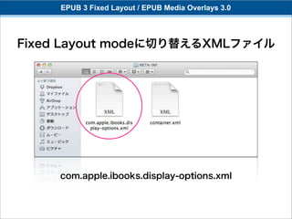 EPUB 3 Fixed Layout / EPUB Media Overlays 3.0




Fixed Layout modeに切り替えるXMLファイル




     com.apple.ibooks.display-options.xml
 