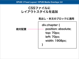 EPUB 3 Fixed Layout / EPUB Media Overlays 3.0


      CSSファイルに
    レイアウトスタイルを追加

                     見出し・本文のブロックに適用

                        div.chapter {
絶対配置                       position: absolute;
                           top: 70px;
                           left: 70px;
                           width: 1908px;
                        }
 