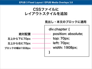 EPUB 3 Fixed Layout / EPUB Media Overlays 3.0


             CSSファイルに
           レイアウトスタイルを追加

                            見出し・本文のブロックに適用

                               div.chapter {
       絶対配置                       position: absolute;
 左上から下に70px                       top: 70px;
 左上から右に70px                       left: 70px;
ブロックの幅は1908px                     width: 1908px;
                               }
 