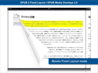 EPUB 3 Fixed Layout / EPUB Media Overlays 3.0




                        iBooks Fixed Layout mode
 