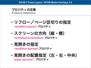 EPUB 3 Fixed Layout / EPUB Media Overlays 3.0


プロパティの定義
Property Deﬁnitions



・リフロー／ページ区切りの指定
 rendition:layout プロパティ

・スクリーンの方向（縦・横）
 rendition:orientation プロパティ

・見開きの指定
 rendition:spread プロパティ

・見開きの配置指定（左・右・中央）
 page-spread-* プロパティ
 