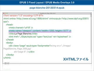 EPUB 3 Fixed Layout / EPUB Media Overlays 3.0

        page-blanche-20120314.epub




                                   XHTMLファイル
 