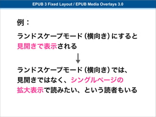 EPUB 3 Fixed Layout / EPUB Media Overlays 3.0



例：
ランドスケープモード（横向き）にすると
見開きで表示される


ランドスケープモード（横向き）では、
見開きではなく、シングルページの
拡大表示で読みたい、という読者もいる
 