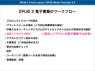 EPUB 3 Fixed Layout / EPUB Media Overlays 3.0


      EPUB 3 電子書籍のワークフロー

・プロジェクトスコープの設定
・プラットフォームの選定（※今回は読書環境の選定）
・対象となるリーディングシステムのデフォルトスタイルおよび実装状況の確認
・技術コンセプトの策定            ※固定レイアウトの電子書籍では必須
・アクセシビリティ指針の決定
・予算策定（※今回は省きます）
・素材の品質チェック
・設計
・コーディング（開発ツールを使う場合は省略）
・実機検証、評価
 