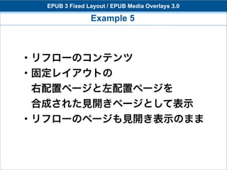 EPUB 3 Fixed Layout / EPUB Media Overlays 3.0

                Example 5



・リフローのコンテンツ
・固定レイアウトの
 右配置ページと左配置ページを
 合成された見開きページとして表示
・リフローのページも見開き表示のまま
 