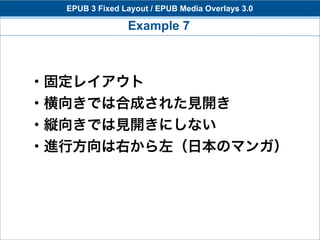 EPUB 3 Fixed Layout / EPUB Media Overlays 3.0

                Example 7



・固定レイアウト
・横向きでは合成された見開き
・縦向きでは見開きにしない
・進行方向は右から左（日本のマンガ）
 
