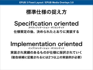 EPUB 3 Fixed Layout / EPUB Media Overlays 3.0



        標準仕様の捉え方

 Speciﬁcation oriented
          スペスィフィケーション・オリエンテッド

 仕様策定の後、決められたとおりに実装する


Implementation oriented
          インプリメンテーション・オリエンテッド

実装され実績のあるものが仕様に採択されていく
（勧告候補に記載されるには2つ以上の実装例が必要）
 
