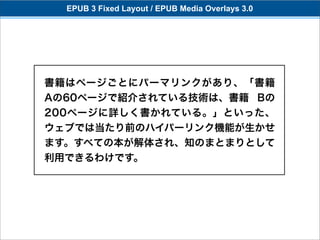 EPUB 3 Fixed Layout / EPUB Media Overlays 3.0




書籍はページごとにパーマリンクがあり、「書籍
Aの60ページで紹介されている技術は、書籍 Bの
200ページに詳しく書かれている。」といった、
ウェブでは当たり前のハイパーリンク機能が生かせ
ます。すべての本が解体され、知のまとまりとして
利用できるわけです。
 