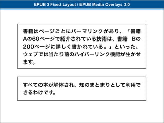 EPUB 3 Fixed Layout / EPUB Media Overlays 3.0




書籍はページごとにパーマリンクがあり、「書籍
Aの60ページで紹介されている技術は、書籍 Bの
200ページに詳しく書かれている。」といった、
ウェブでは当たり前のハイパーリンク機能が生かせ
ます。



すべての本が解体され、知のまとまりとして利用で
きるわけです。
 