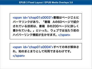 EPUB 3 Fixed Layout / EPUB Media Overlays 3.0




<span id="chap01s0003">書籍はページごとに
パーマリンクがあり、「書籍 Aの60ページで紹介
されている技術は、書籍 Bの200ページに詳しく
書かれている。」といった、ウェブでは当たり前の
ハイパーリンク機能が生かせます。</span>



<span id="chap01s0004">すべての本が解体さ
れ、知のまとまりとして利用できるわけです。
</span>
 