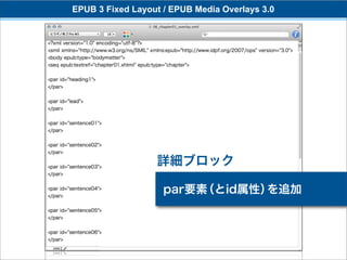 EPUB 3 Fixed Layout / EPUB Media Overlays 3.0




                  詳細ブロック

                    par要素（とid属性）を追加
 