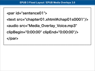 EPUB 3 Fixed Layout / EPUB Media Overlays 3.0



<par id="sentence01">
<text src="chapter01.xhtml#chap01s0001"/>
<audio src="Media_Overlay_Voice.mp3"
clipBegin="0:00:00" clipEnd="0:00:00"/>
</par>
 