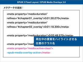 EPUB 3 Fixed Layout / EPUB Media Overlays 3.0

メタデータの追加：

 <meta property="media:duration"
 reﬁnes="#chapter01_overlay">0:01:30.270</meta>
 <meta property="media:duration"
 reﬁnes="#chapter02_overlay">0:01:18.300</meta>


 <meta property="media:duration">0:02:48.570</meta>
                      再生中の要素をハイライトさせる
                      任意のクラス名
 <meta property="media:narrator">Youji Sakai</meta>
 <meta property="media:active-class">
 -epub-media-overlay-active</meta>
 