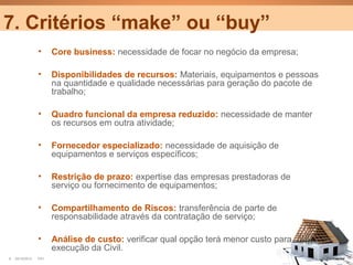 7. Critérios “make” ou “buy”
                 •     Core business: necessidade de focar no negócio da empresa;

                 •     Disponibilidades de recursos: Materiais, equipamentos e pessoas
                       na quantidade e qualidade necessárias para geração do pacote de
                       trabalho;

                 •     Quadro funcional da empresa reduzido: necessidade de manter
                       os recursos em outra atividade;

                 •     Fornecedor especializado: necessidade de aquisição de
                       equipamentos e serviços específicos;

                 •     Restrição de prazo: expertise das empresas prestadoras de
                       serviço ou fornecimento de equipamentos;

                 •     Compartilhamento de Riscos: transferência de parte de
                       responsabilidade através da contratação de serviço;

                 •     Análise de custo: verificar qual opção terá menor custo para
                       execução da Civil.
8   25/10/2012   PA1                                                                     Confidential
 