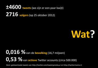 ±4600 tweets (we zijn er een paar kwijt)
2716 volgers (op 25 oktober 2012)


                                                                           Wat?
0,016 % van de bevolking (16,7 miljoen)
0,53 % van actieve Twitter accounts (circa 500.000)
Bron: gedownloade tweets van http://twitter.com/tweetspreekuur en http://twittermania.nl
 