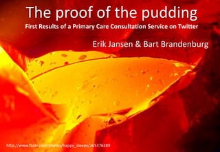 The proof of the pudding
         First Results of a Primary Care Consultation Service on Twitter

                                          Erik Jansen & Bart Brandenburg




http://www.flickr.com/photos/happy_sleepy/265376389
 
