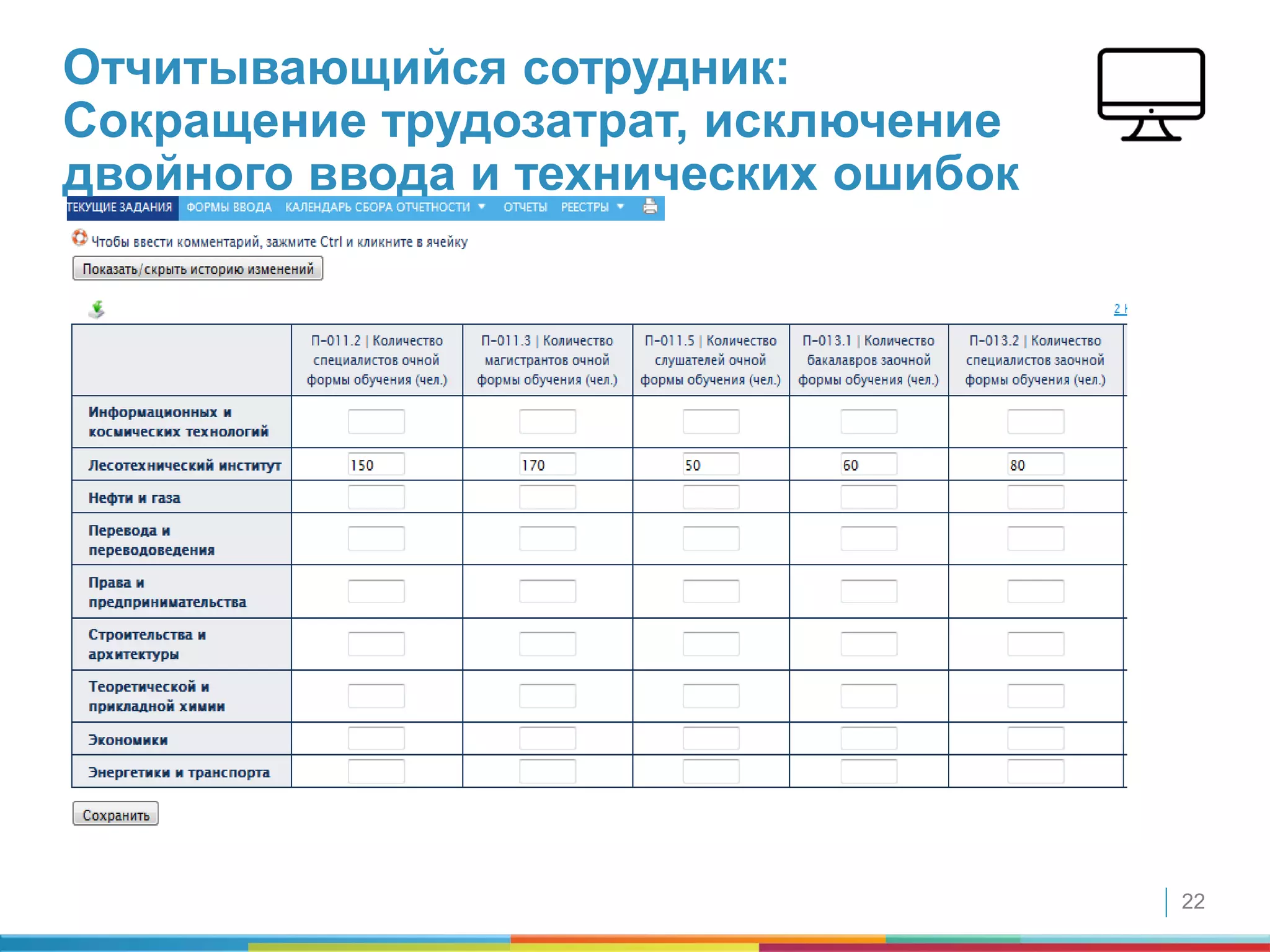 22
Отчитывающийся сотрудник:
Сокращение трудозатрат, исключение
двойного ввода и технических ошибок
 