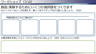 ワークショップ（7/10）
31
創造:実験するためにいくつか選択肢をつくります
⑤パートナーのニーズを満たす、驚くべきアイディアを5つ絵にしましょう。（5分）
問題定義文をこの上に書きます
⑥解決策を共有してフィードバックをもらいましょう 10分（2セッション×5分）
 