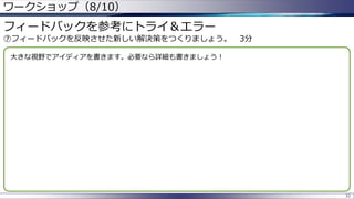 ワークショップ（8/10）
32
フィードバックを参考にトライ＆エラー
⑦フィードバックを反映させた新しい解決策をつくりましょう。 3分
大きな視野でアイディアを書きます。必要なら詳細も書きましょう！
 