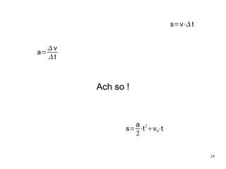 s=v⋅ t


     v
a=
     t



          Ach so !



                   a 2
                 s= ⋅t v 0⋅t
                   2


                                          24
 
