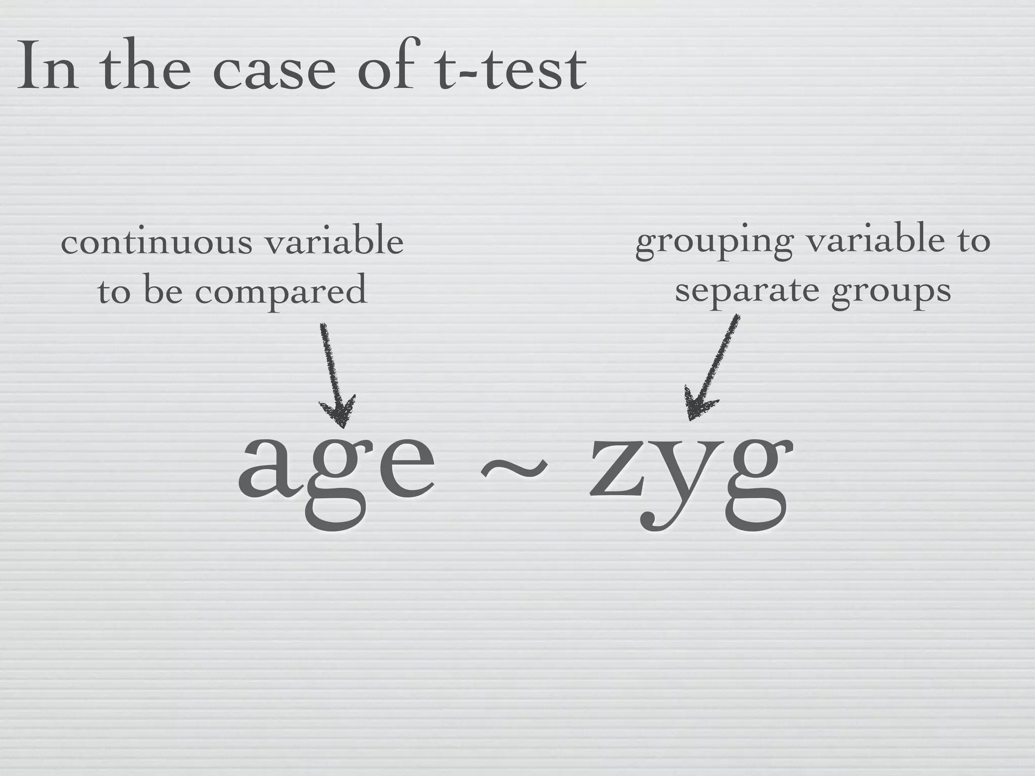 In the case of t-test

 continuous variable    grouping variable to
   to be compared         separate groups



          age ~ zyg
 